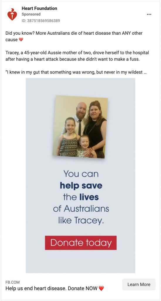 Facebook ad examples heartfoundation fundraising