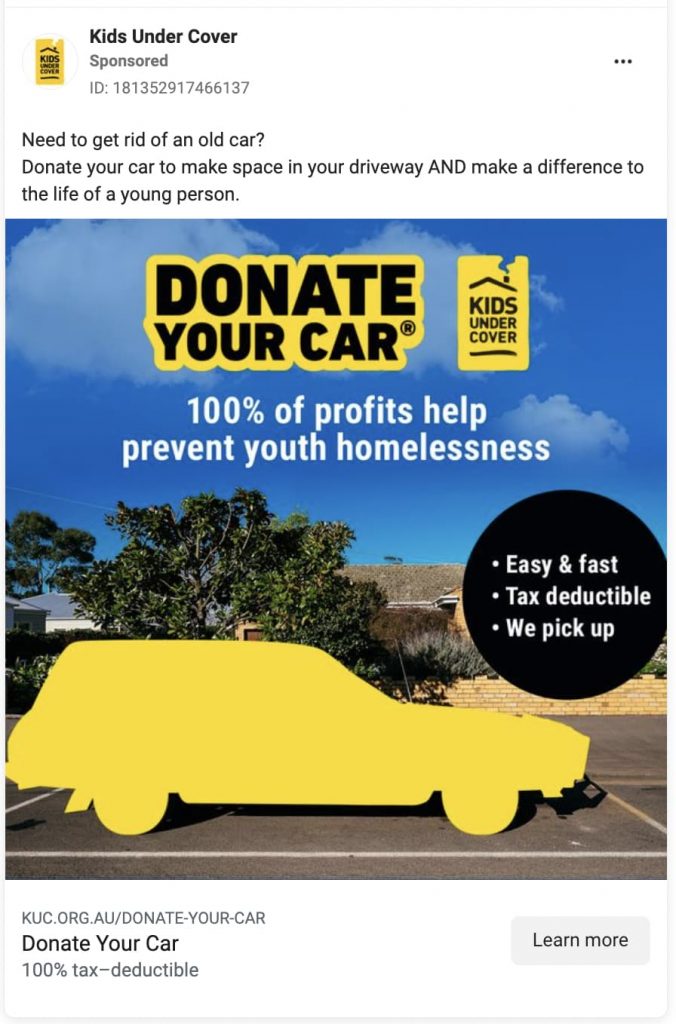 Facebook ad examples kids Under cover donate car