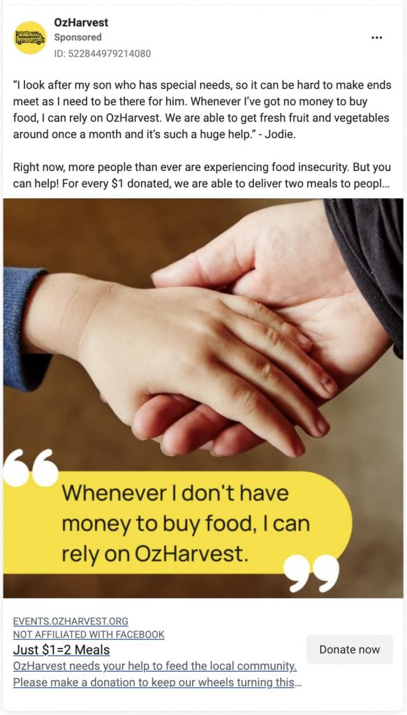 Facebook ad examples ozharvest fundraising