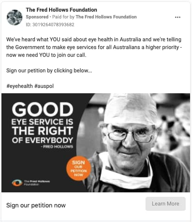 Facebook ads examples FredHollows petition