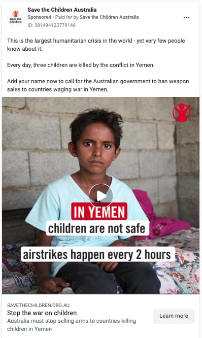 Facebook ads example Save the children petition