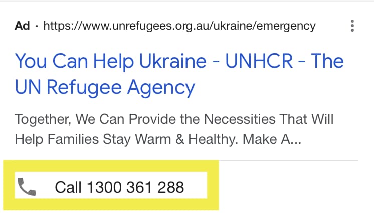 Call extension example for Google Ad Grant. Search ad for UNHCR with call extension