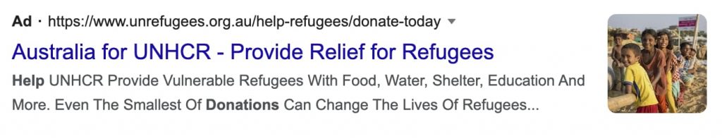 Image extension example for Google Ad Grant. Search ad for UNHCR with image extension.