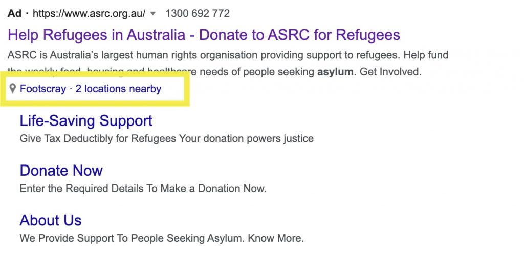 Location extension example for Google Ad Grant. Ad for ASRC with location extension showing.